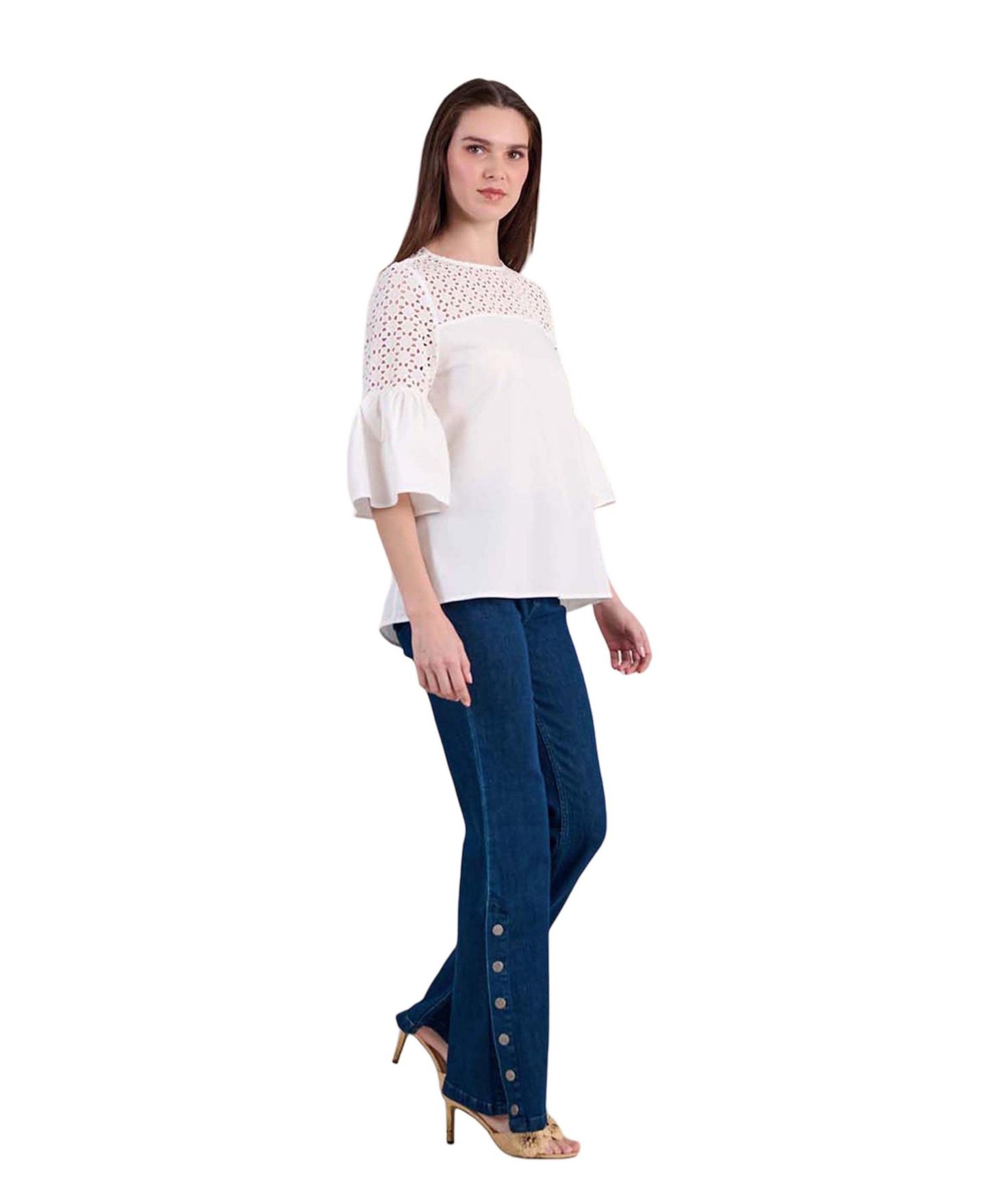 Женская футболка Anne Fontaine Piper Bell-Sleeve Geometric Eyelet Cotton-Blend Poplin, цвет: Белый — фото 4