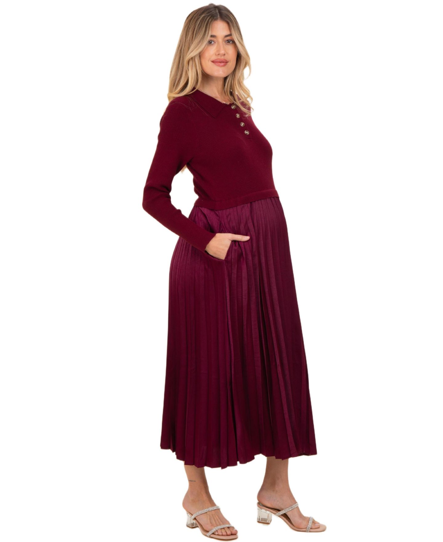 Женское платье Pinkblush Collared Knit Contrast Pleated Skirt Midi, цвет: Бордовый — фото 2