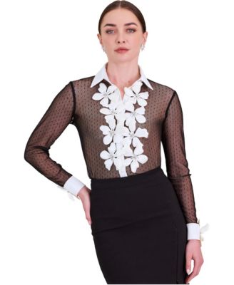 Women's Terra Sheer Long-Sleeve Floral-Applique Blouse