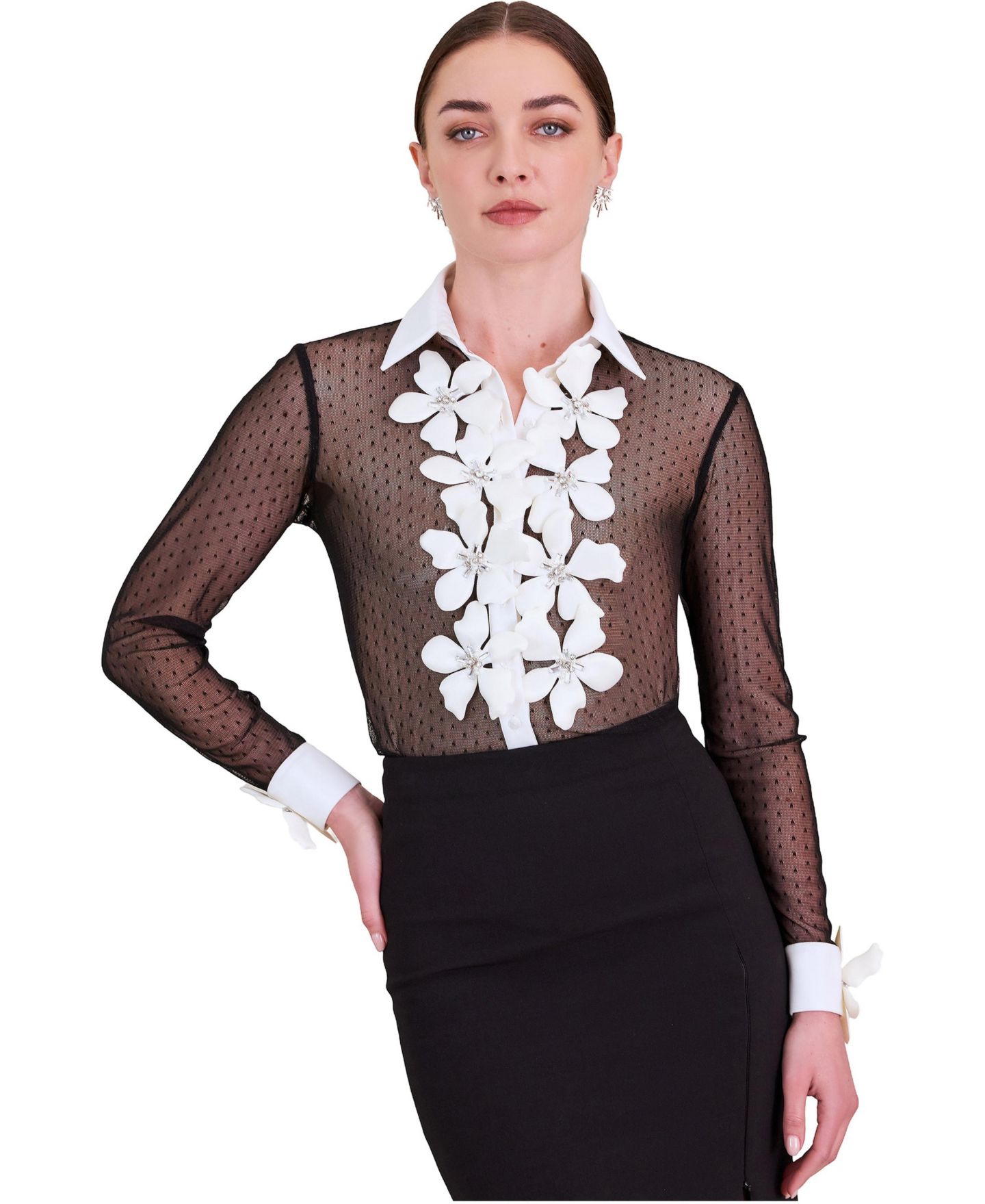 Женская блузка Anne Fontaine Terra Sheer Long-Sleeve Floral-Applique, цвет: Чёрный — фото 1