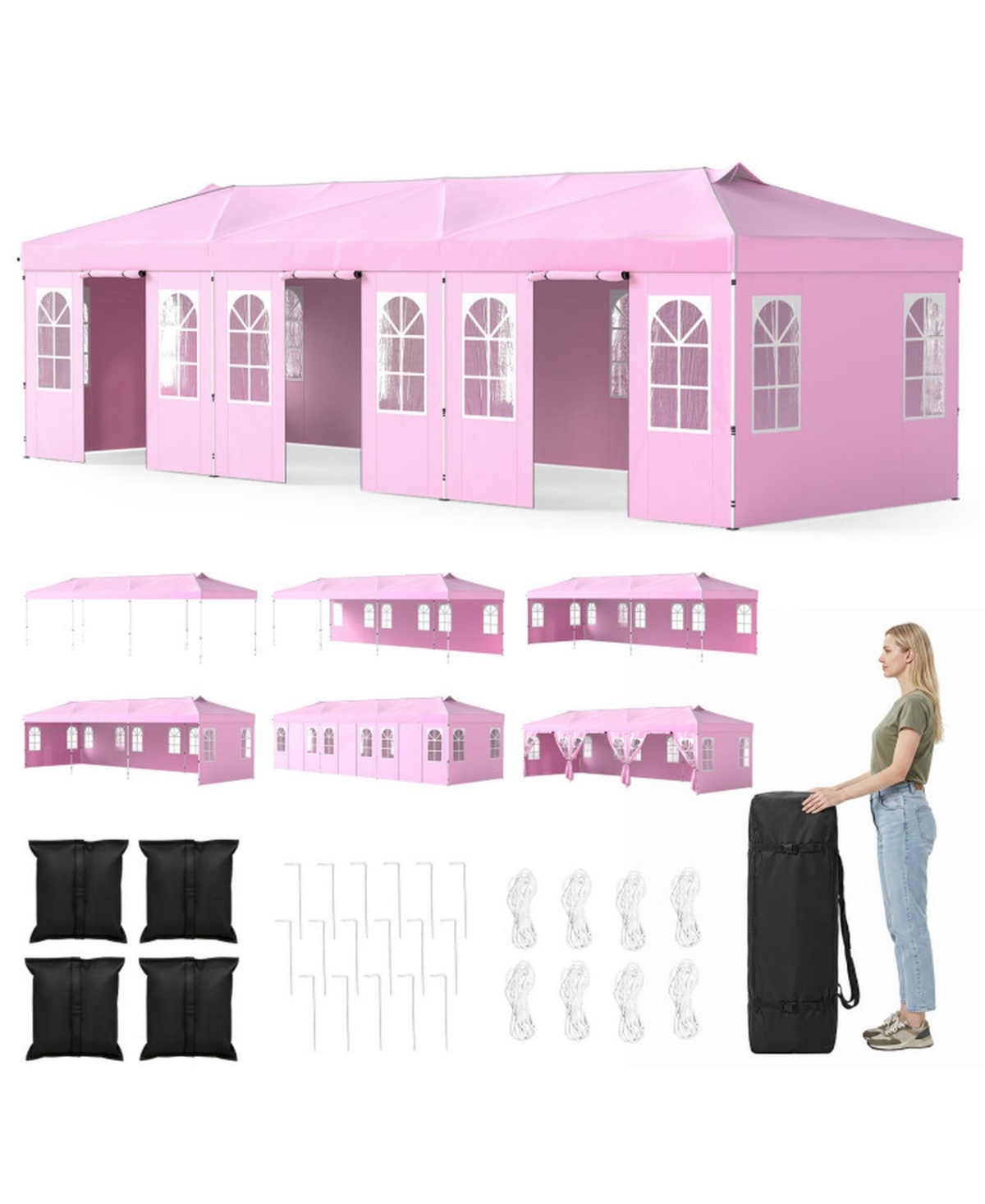 Sugift 10 x 30 Ft Pop Up Canopy Tent with 8 Sidewalls and Adjustable Height Tent - Pink
