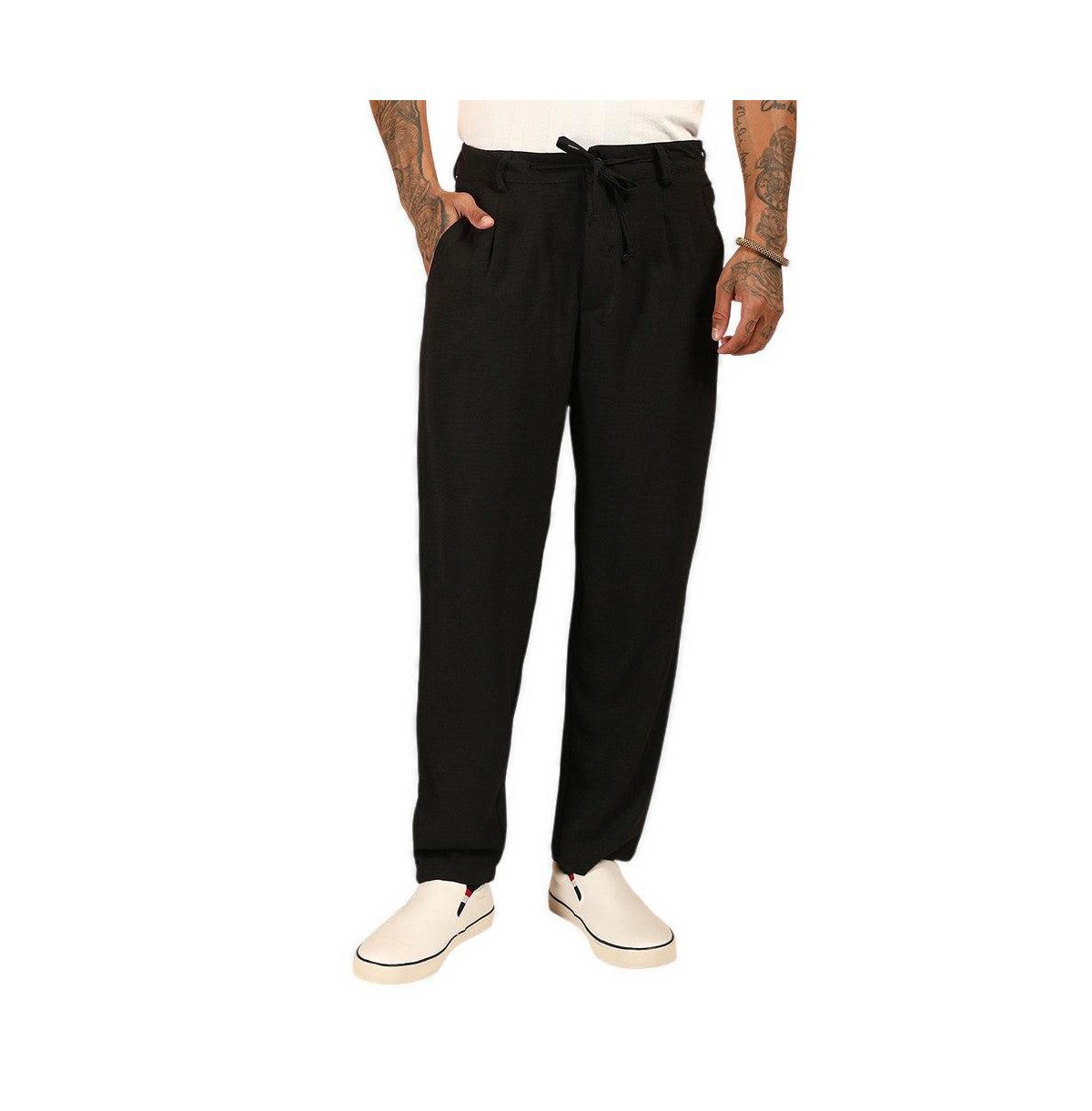 Cahoot Men's Campus Sutra Lightweight Pleated Drawstring Ankle-Length Trousers - Obsidian black.