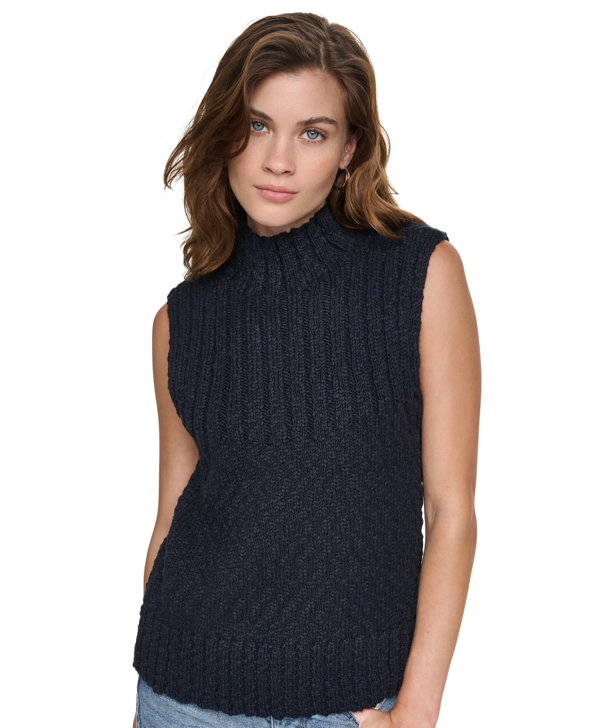 Dkny Jeans Women's Sleeveless Mock Neck Ribbed Sweater - Dark Navy