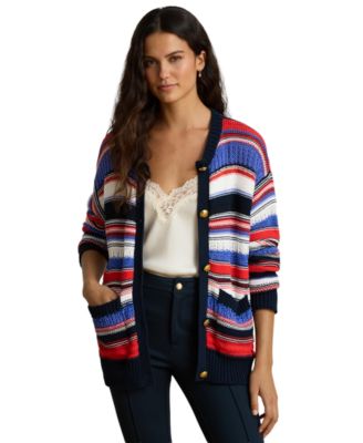 Women's Striped Crewneck Cotton-Blend Cardigan Sweater