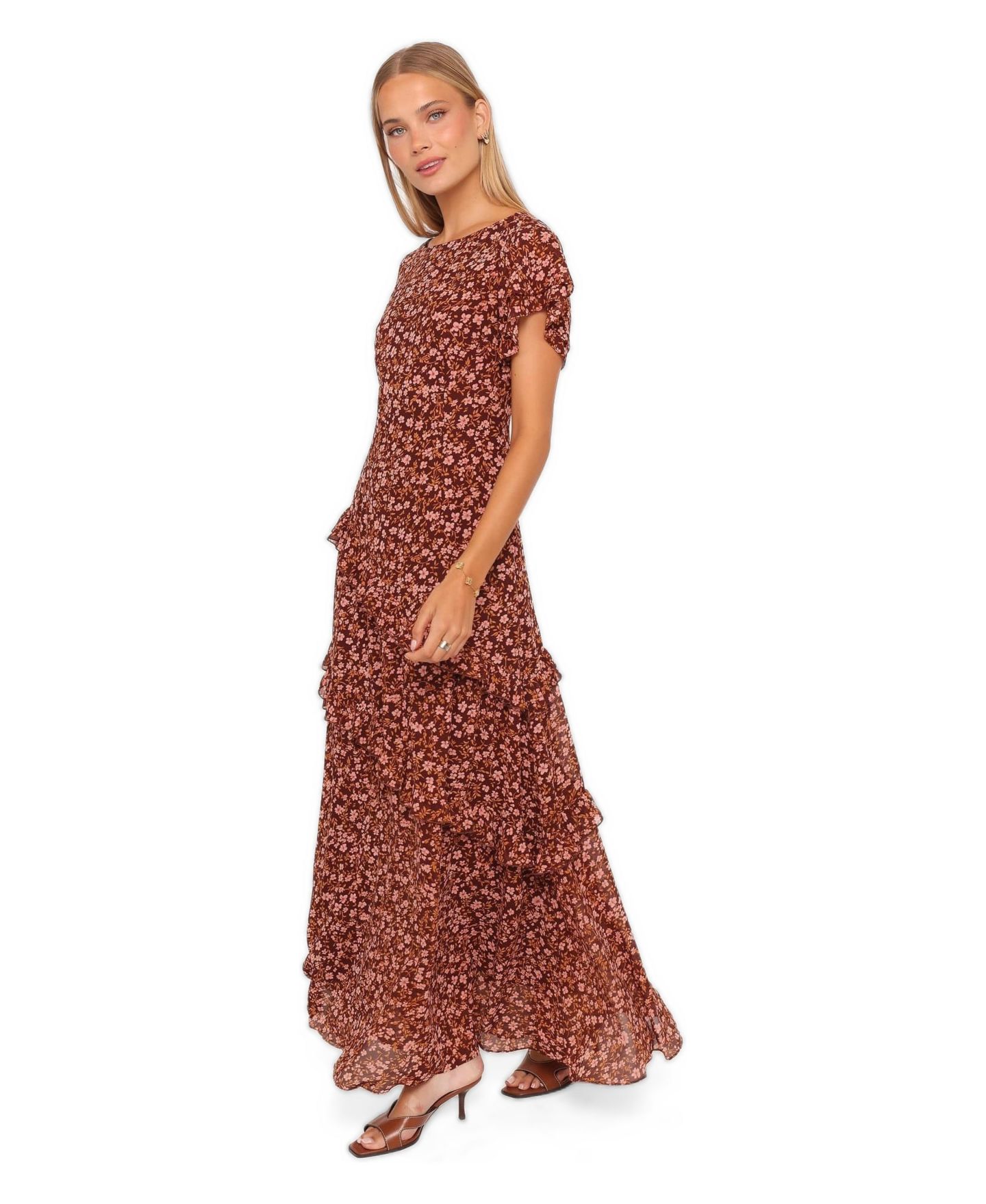 Женское платье Petal and Pup Lorrie Floral-Print Tiered Short-Sleeve Maxi, цвет: Коричневый с принтом — фото 2