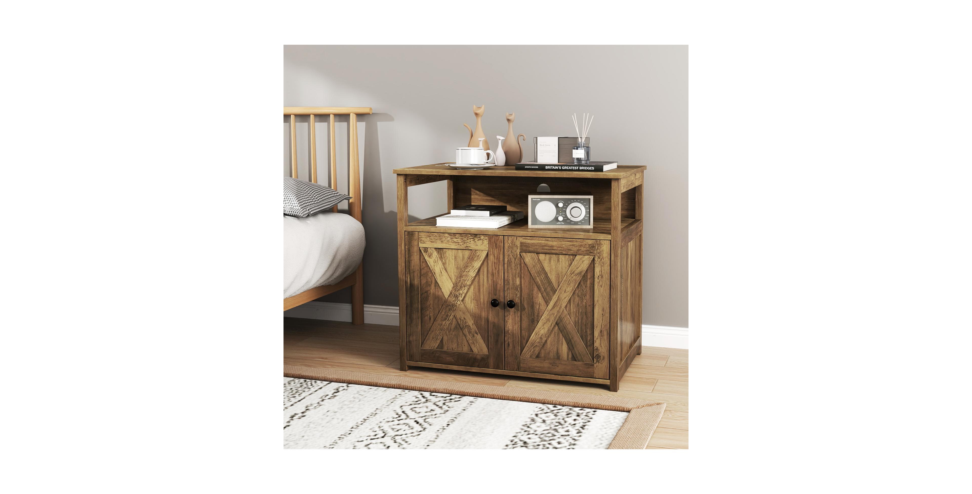 Zeny Cat Litter Box Enclosure with Barn Doors, Divider and Shelf