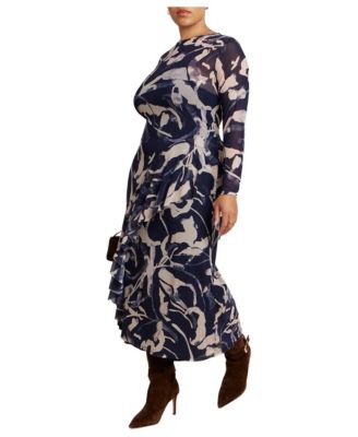 Plus Size Asymmetrical Printed Long-Sleeve Midi Dress