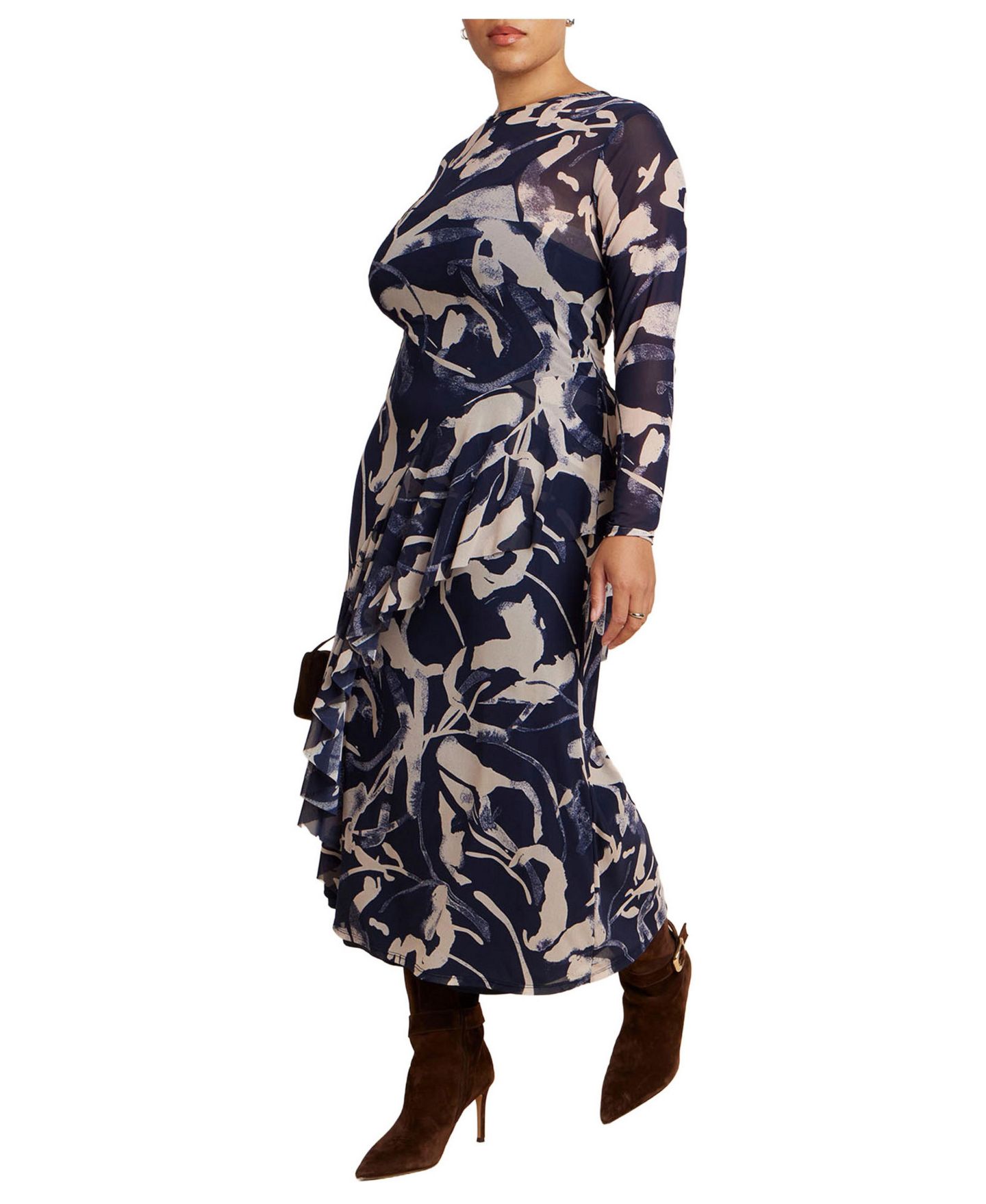 Женское платье ELOQUII Plus Size Asymmetrical Printed Long-Sleeve Midi, цвет: Чернильный тёмно-синий — фото 1