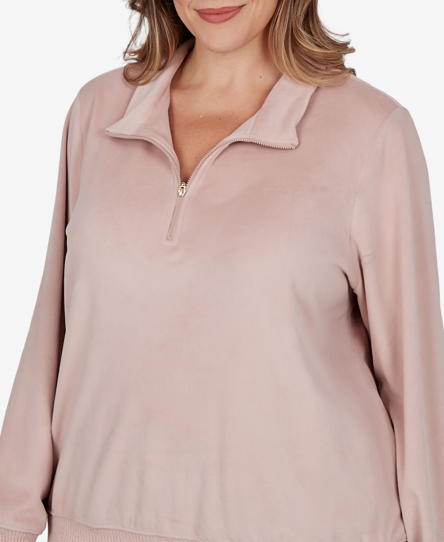 Женский топ Alfred Dunner Plus Size Quarter-Zip Stand-Collar Long-Sleeve, цвет: Розовый — фото 4