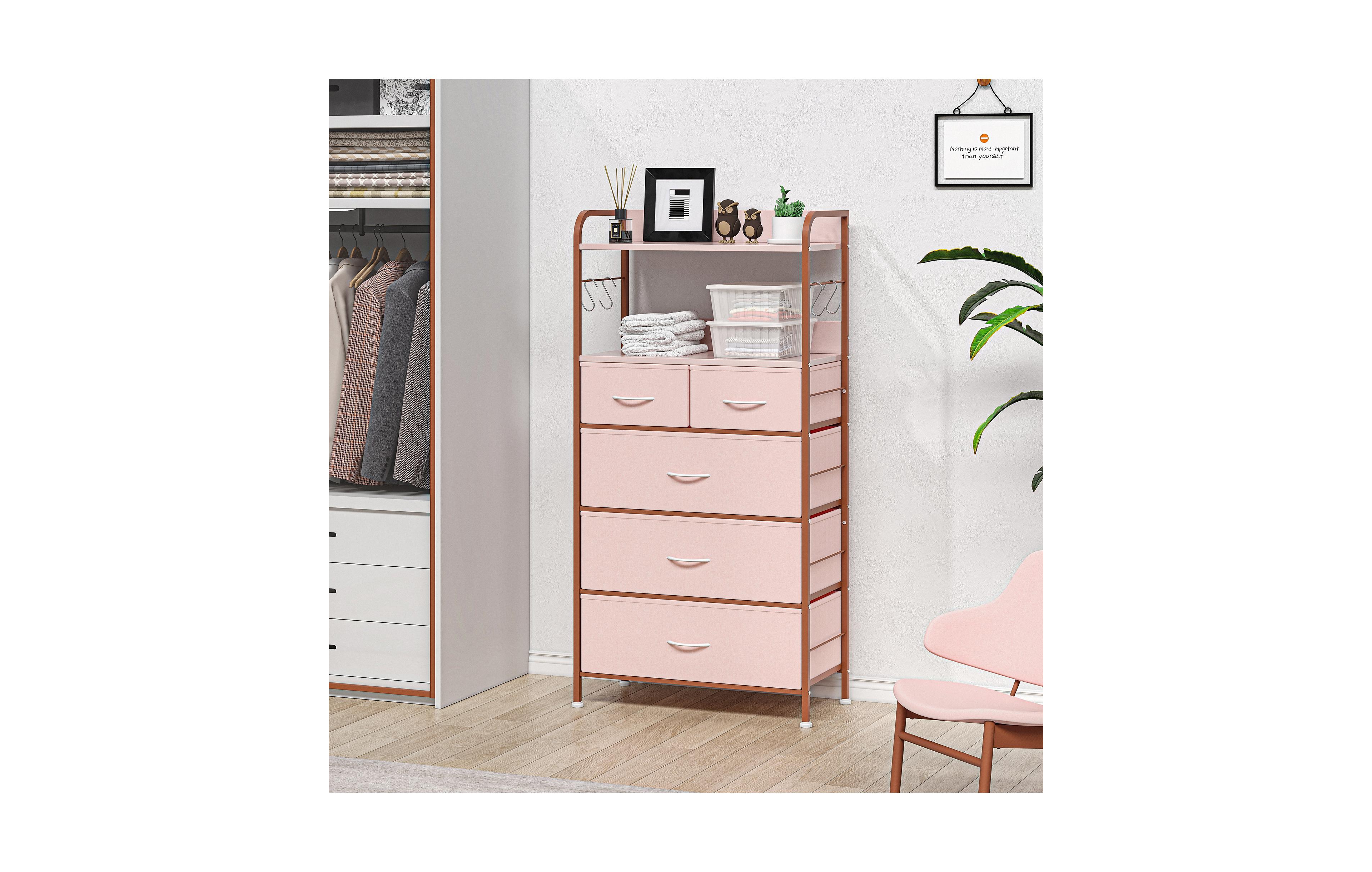 homfan Tall 5 Drawer Fabric Dresser with Metal Frame Wood Top Open Shelf Hooks Storage Organizer for Bedroom Hallway Closet