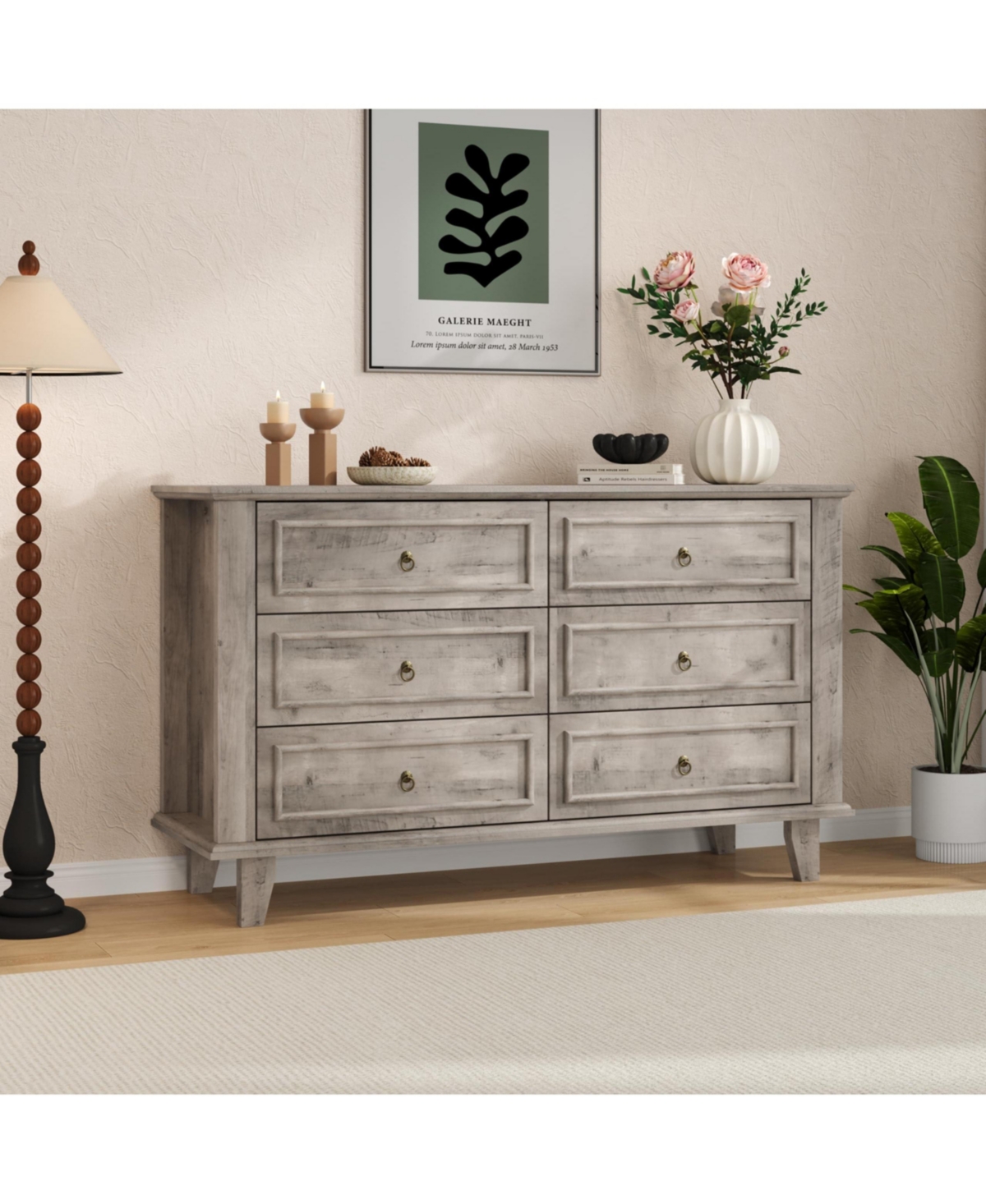 homfan 47.2 Inch 6 Drawer Wooden Dresser Chest of Drawers Smooth Glide Drawers for Bedroom Living Room
