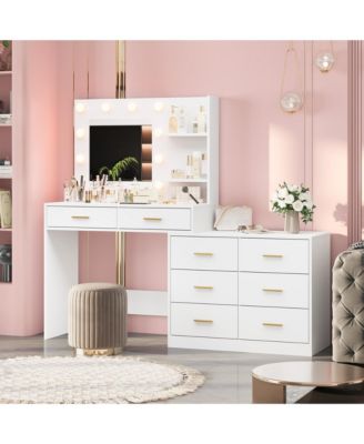 61 Inch Vanity Desk with Lighted Mirror 8 Drawers Open Shelves Engineered Wood Makeup Table for Bedroom