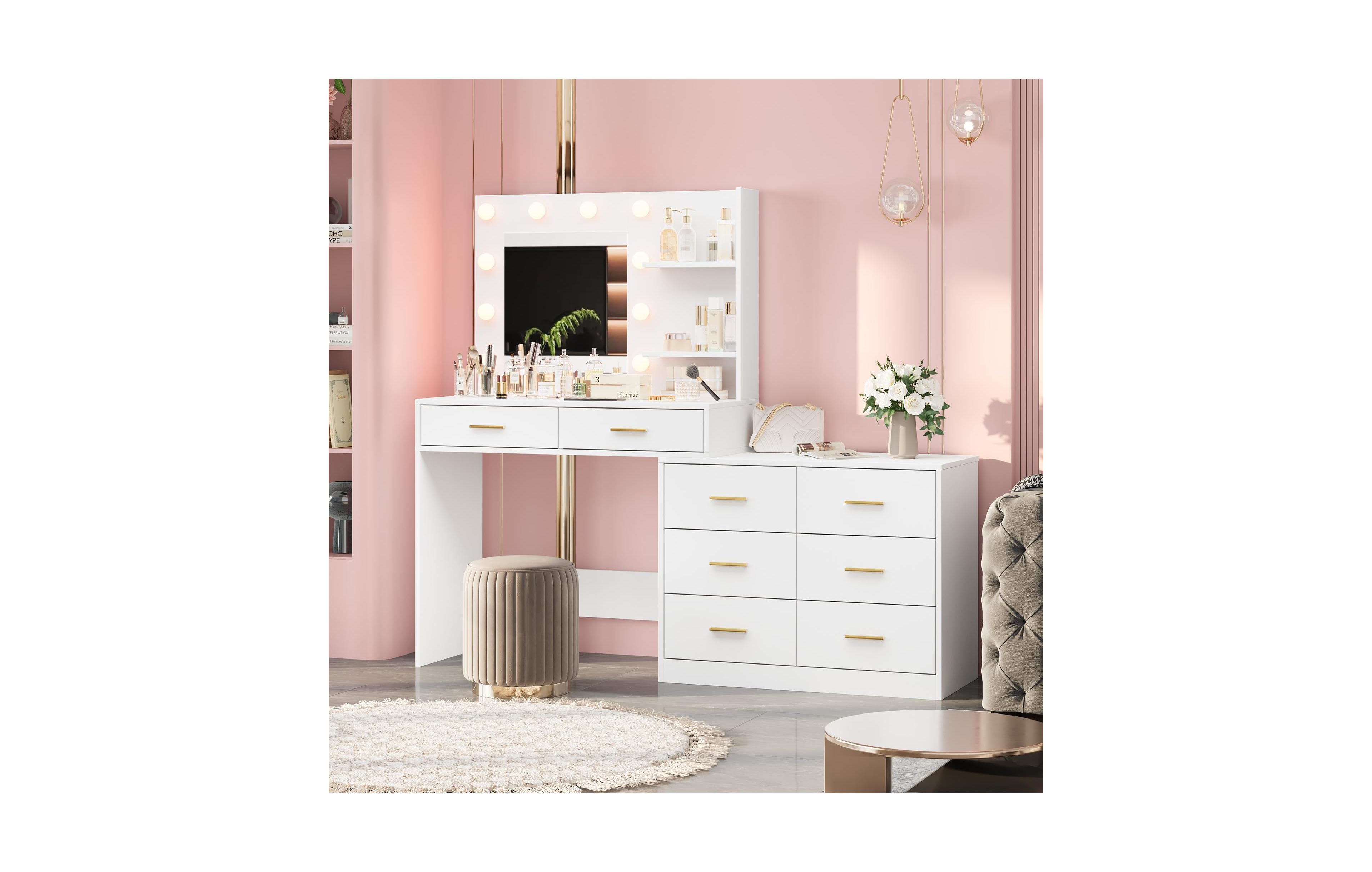 homfan 61 Inch Vanity Desk with Lighted Mirror 8 Drawers Open Shelves Engineered Wood Makeup Table for Bedroom