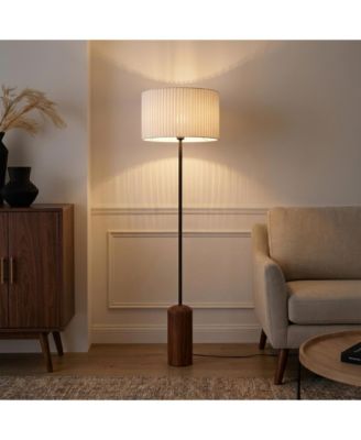 Oren 60" LED Floor Lamp with Pleated Fabric Drum Shade and Wood Base, Bulb Included
