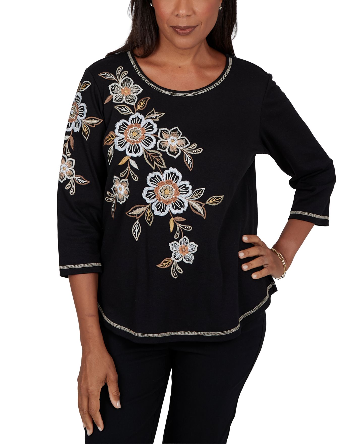 Женский топ Alfred Dunner Petite 3/4-Sleeve Floral Embroidered, цвет: Чёрный — фото 1