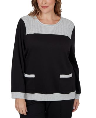 Plus Size Colorblock Ribbed Knit Crewneck Long-Sleeve Pullover Sweater