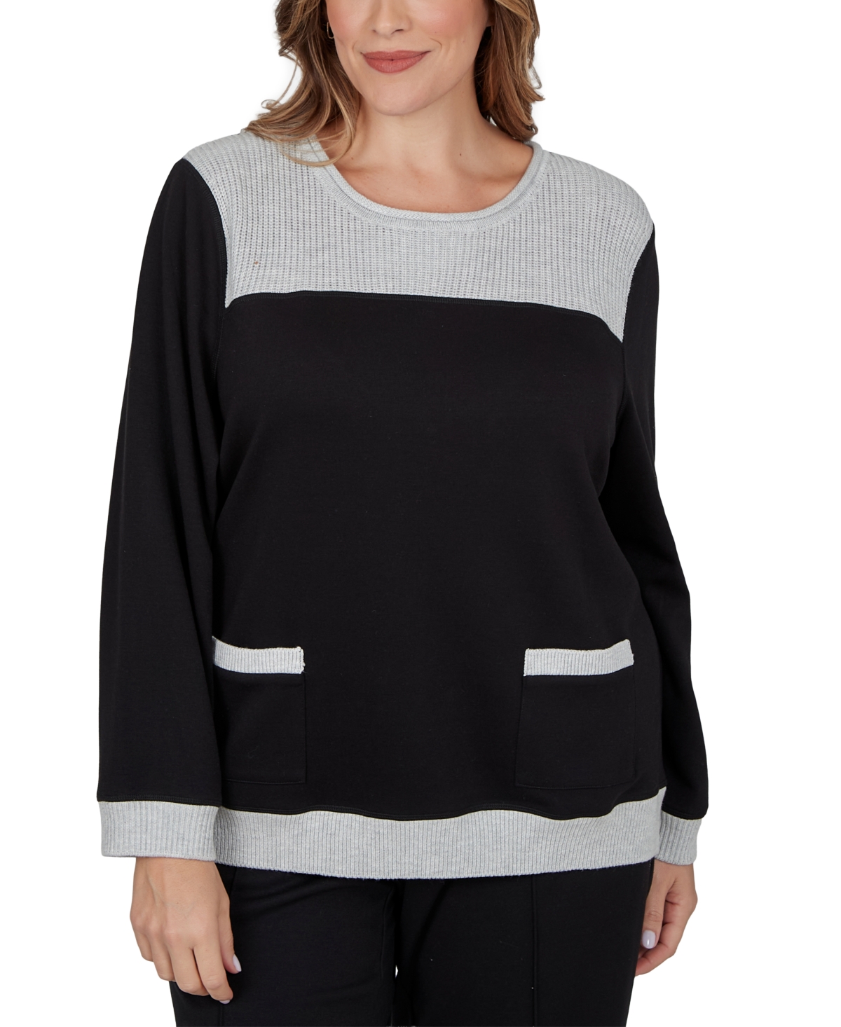 Alfred Dunner Plus Size Colorblock Ribbed Knit Crewneck Long-Sleeve Pullover - Grey/Black