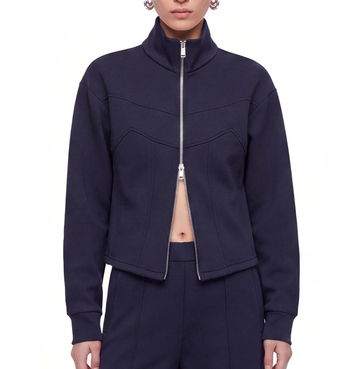 Nocturne Women's Cropped Funnel Collar Corset-Inspired Panel Seams Zip-Up Sweatshirt Jacket