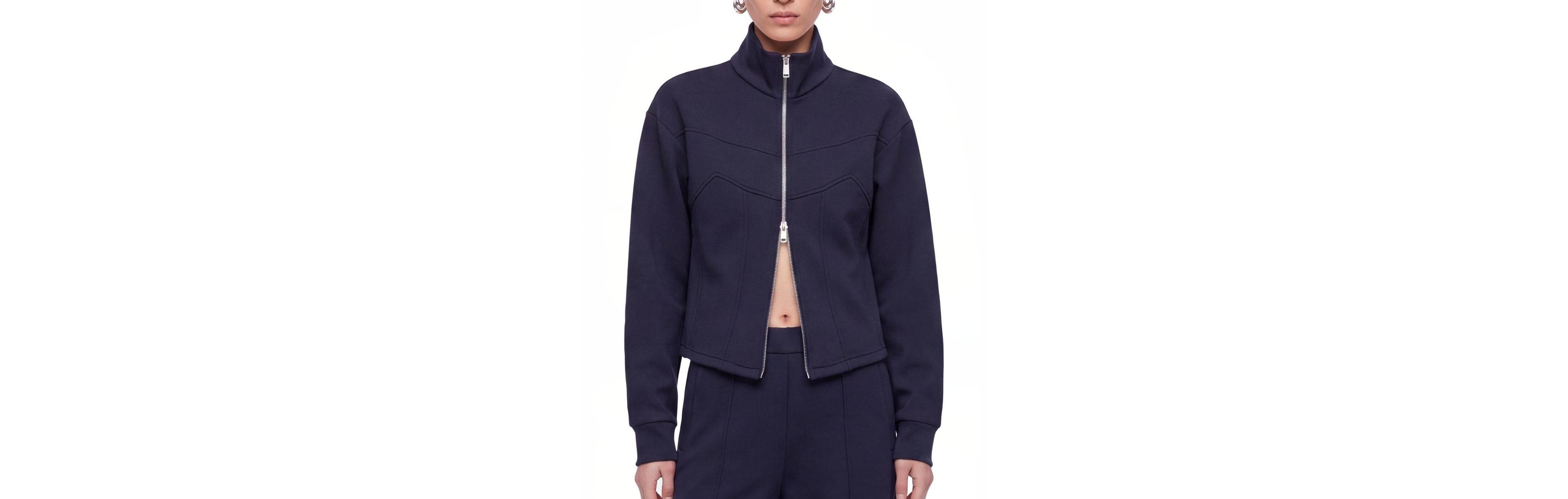 Nocturne Women's Cropped Funnel Collar Corset-Inspired Panel Seams Zip-Up Sweatshirt Jacket