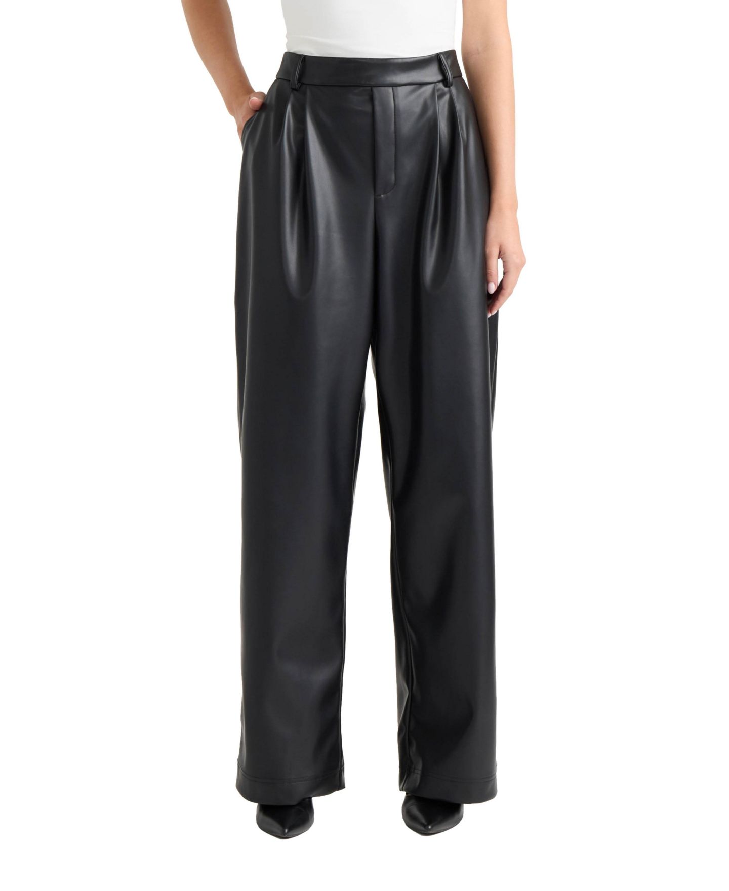 Женские брюки Ellen Tracy Pleated Wide-Leg Faux Leather, цвет: Чёрный — фото 1