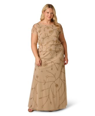 Plus Size Blouson Floral-Print Beaded Gown