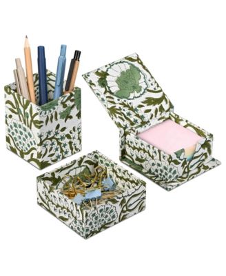Hand Block Print 3 Piece Desk Organizer Set Cotton MDF Storage