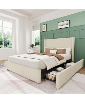 Bed Frame with Storage Drawers, Upholstered Tall Wingback Corduroy Bed Frame, No Box Spring Needed, for Bedroom, Mid-Century Modern