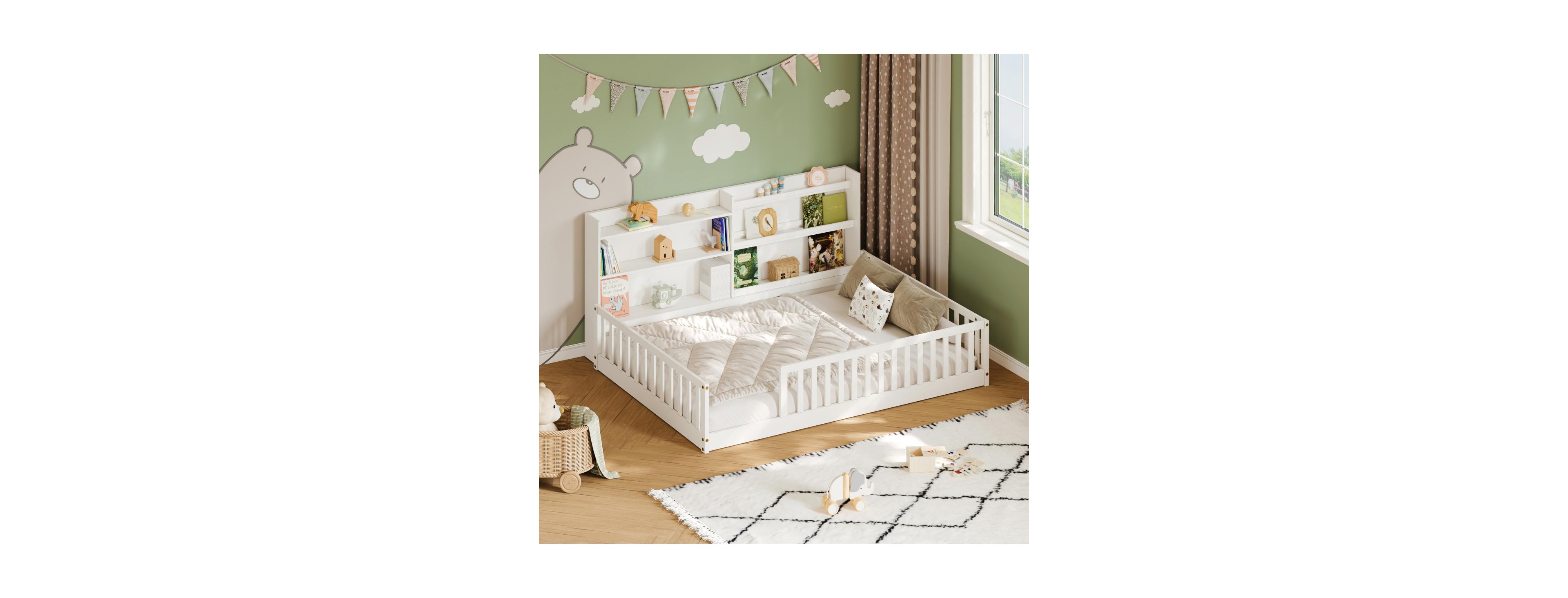 Streamdale Furniture Montessori Floor Bed with Bookshelf and Safety Rails