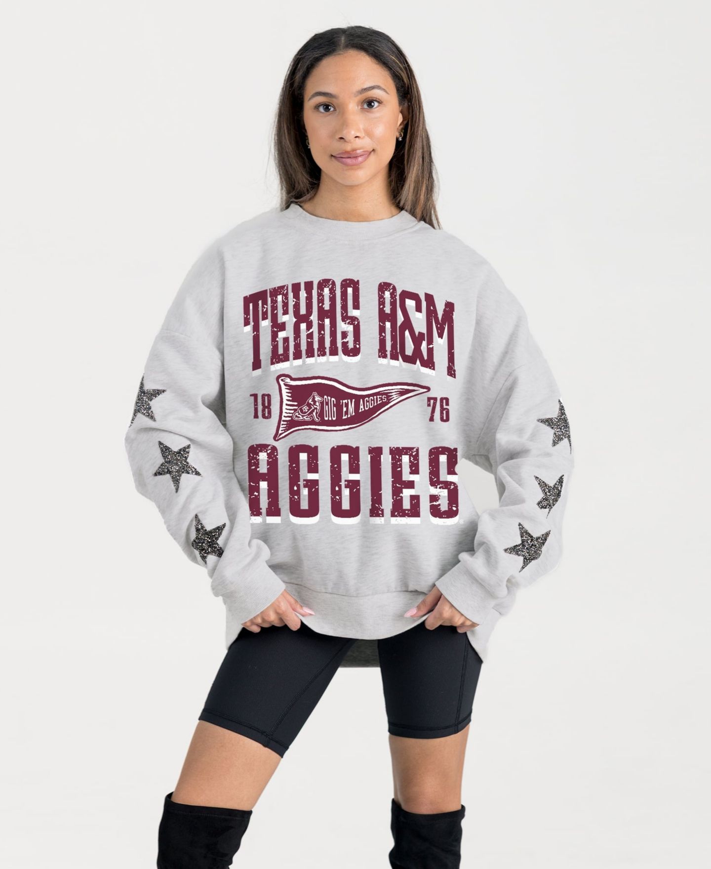 Женская толстовка Gameday Couture Ash Texas A&M Aggies Oversized Pennant Pride Rhinestone Star Sleeve — фото 1