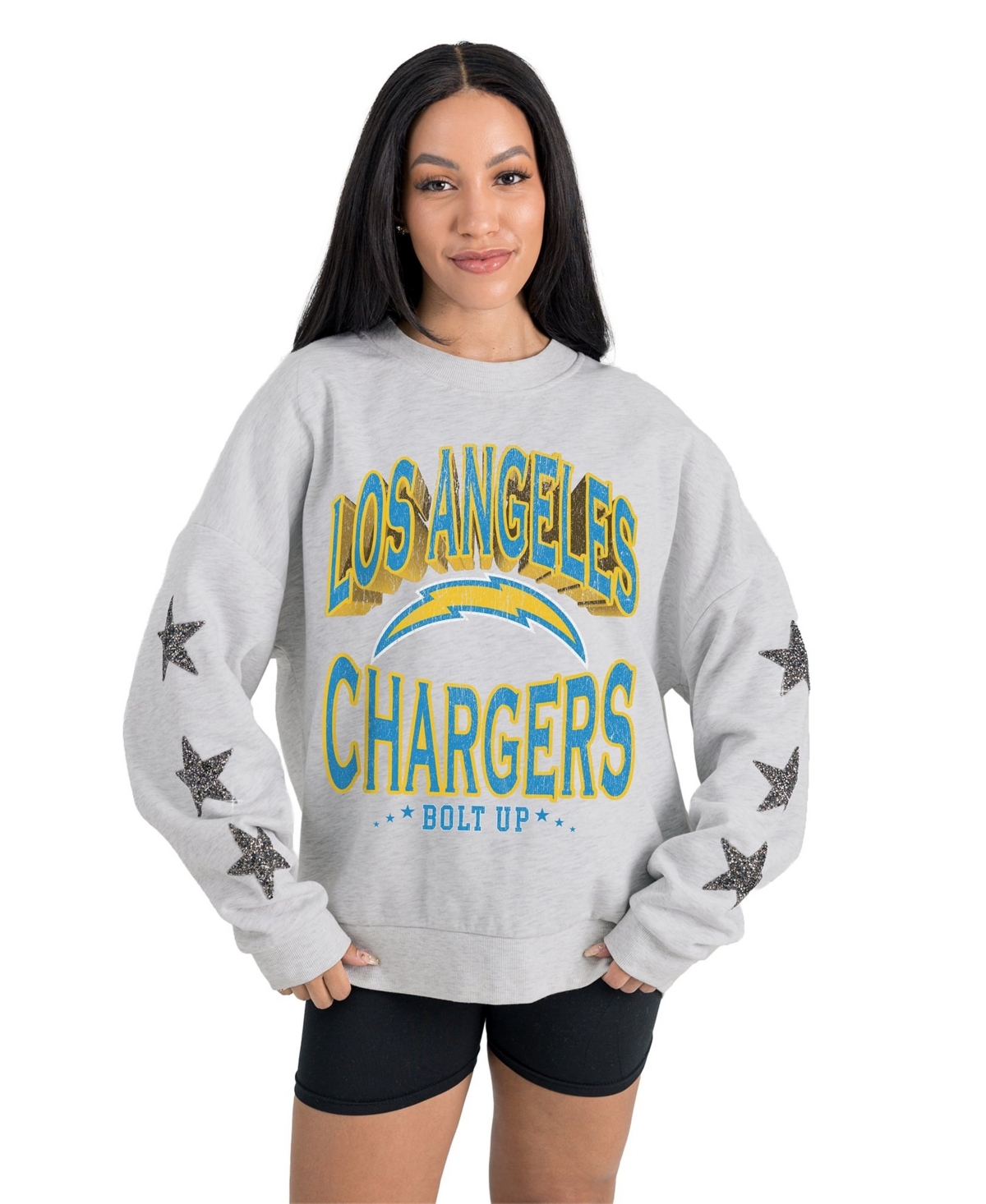 Gameday Couture Women's Ash Los Angeles Chargers Resilience Relaxed Rhinestone Pullover Sweatshirt - Ash