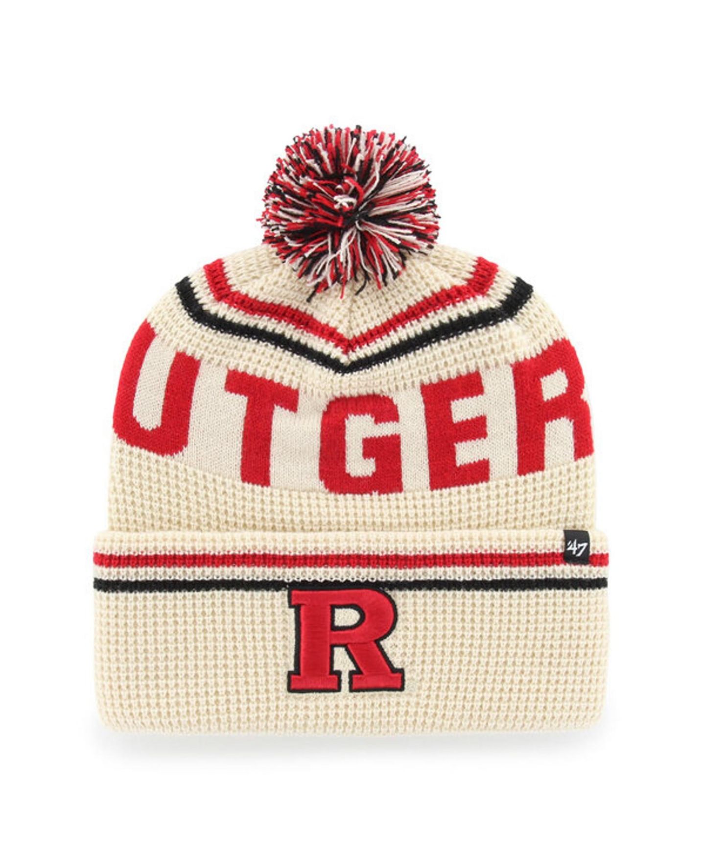 Головной убор '47 Brand Cream Rutgers Scarlet Knights Quattrle Waffle Cuffed Knit Pom Hat — фото 1