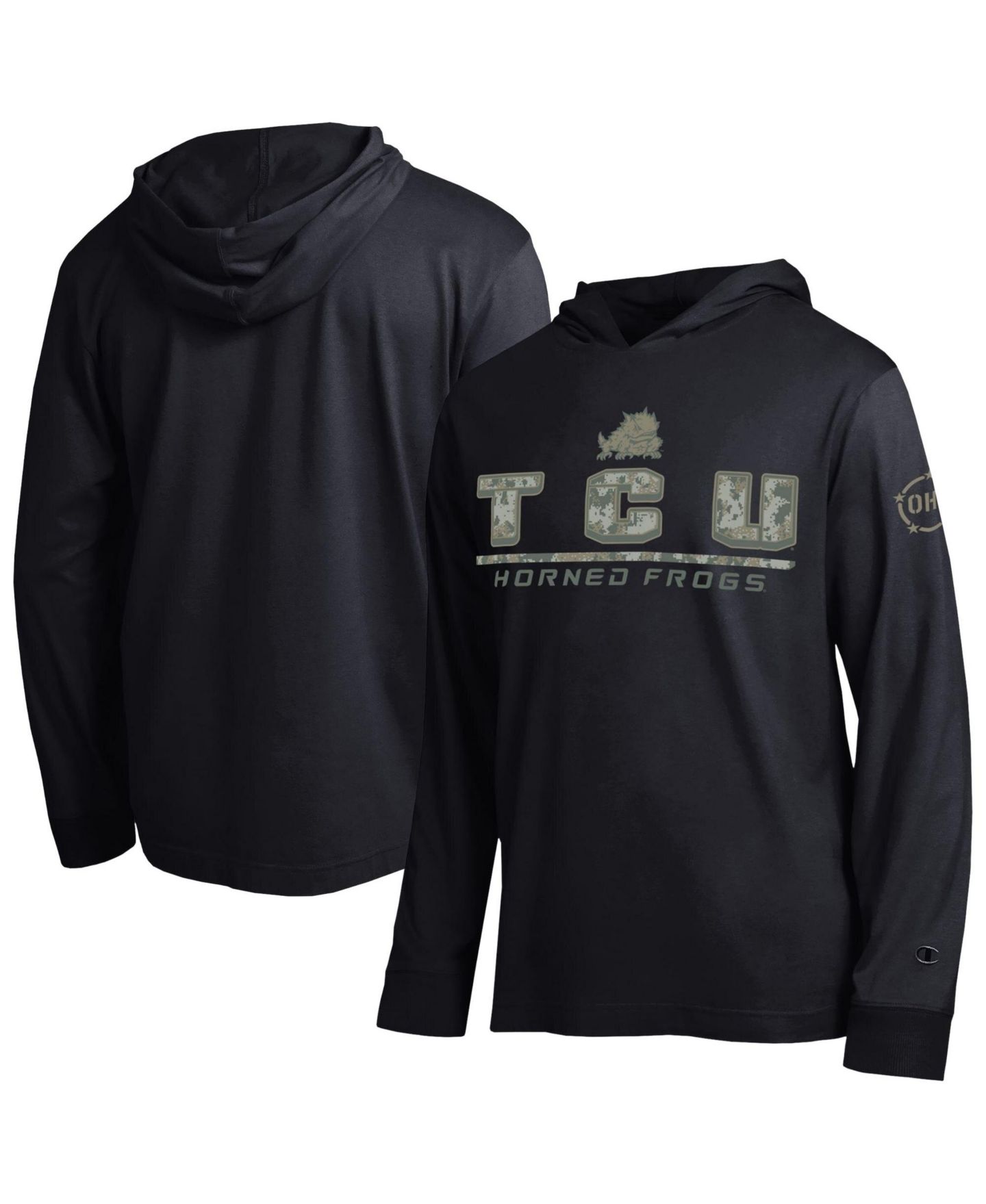 Мужская футболка Champion Black TCU Horned Frogs Operation Hat Trick Camo Script Hooded Long-Sleeve — фото 1