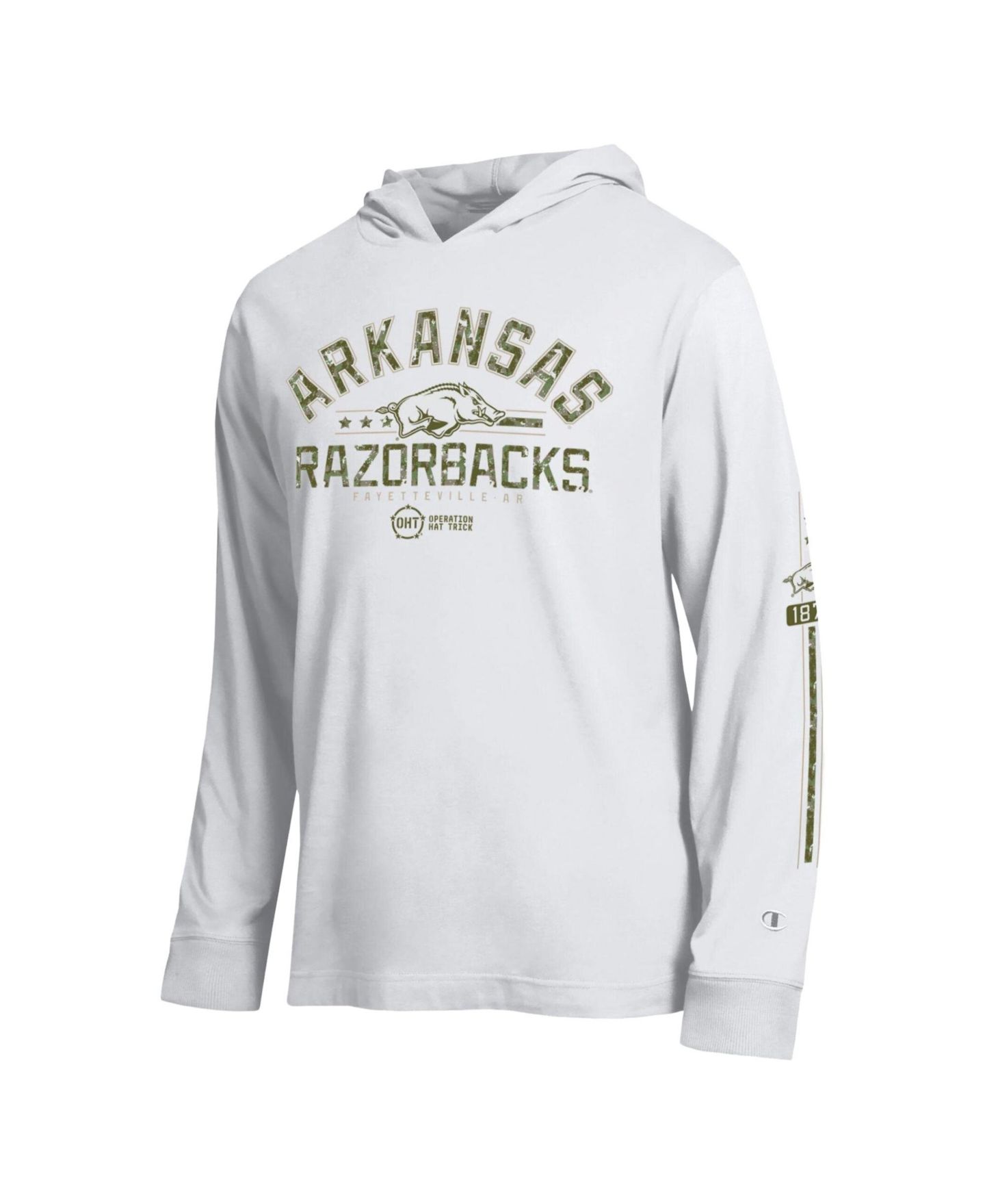 Мужская футболка Champion White Arkansas Razorbacks Operation Hat Trick Sleeve Line Hooded Long-Sleeve — фото 2