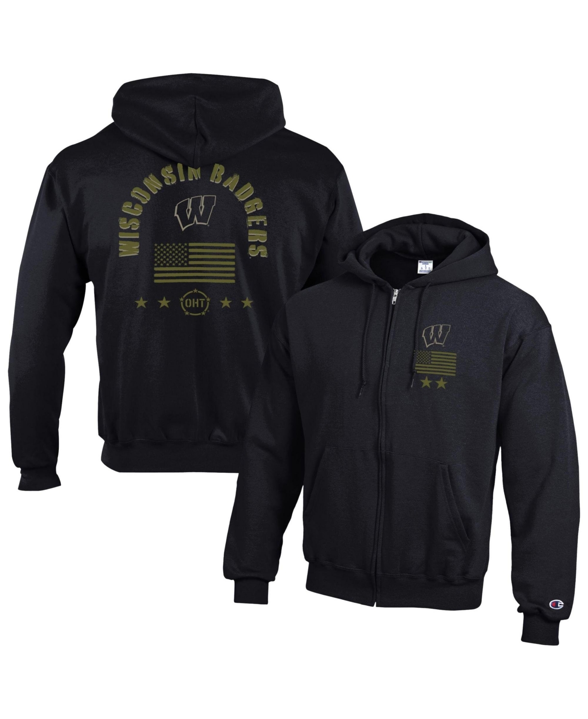 Champion Men's Black Wisconsin Badgers Operation Hat Trick Flag Powerblend Fleece Full-Zip Hoodie - Black