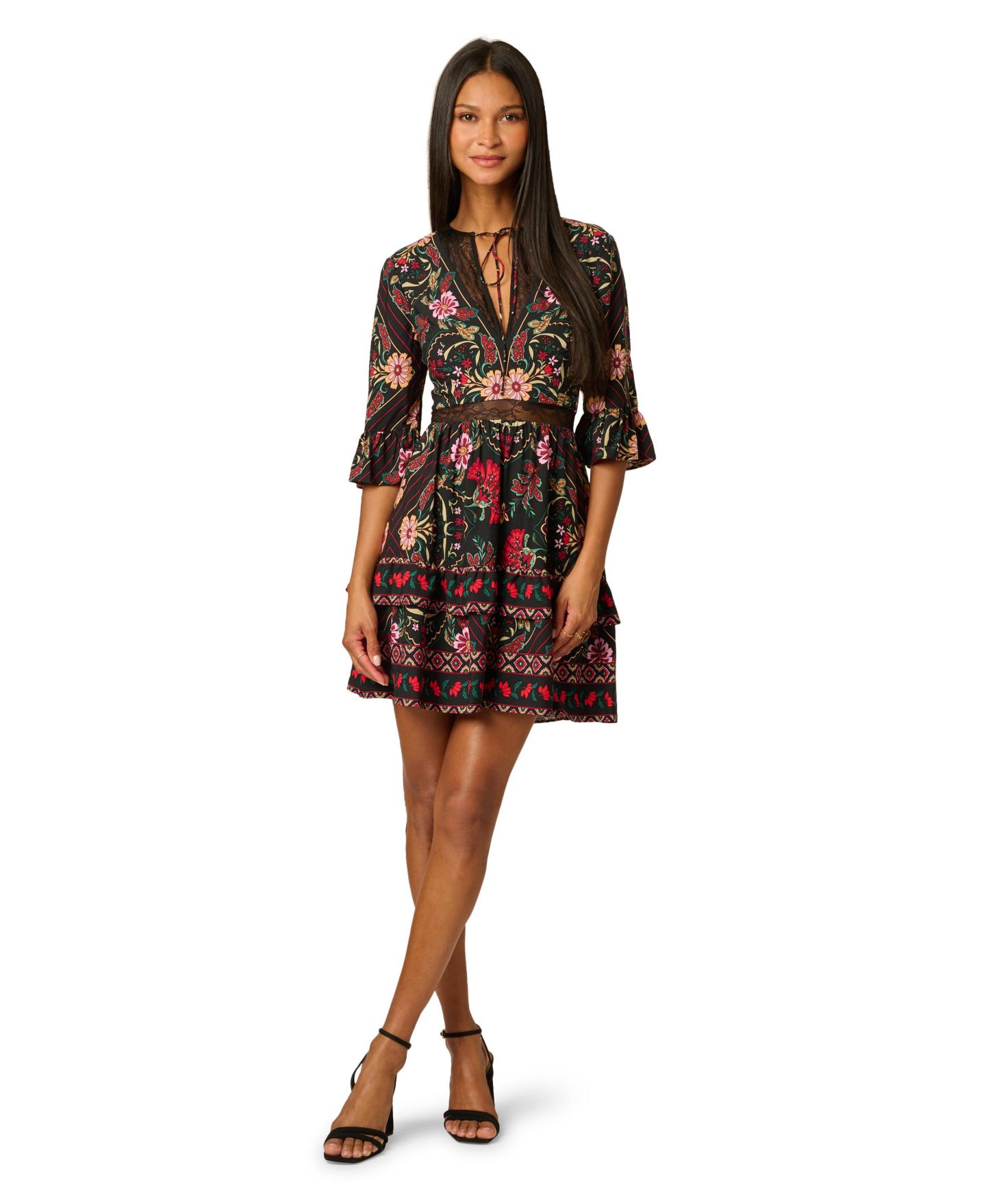 Женское платье Adrianna Papell Short-Sleeve Midi Floral-Print, цвет: Чёрный разноцветный — фото 1