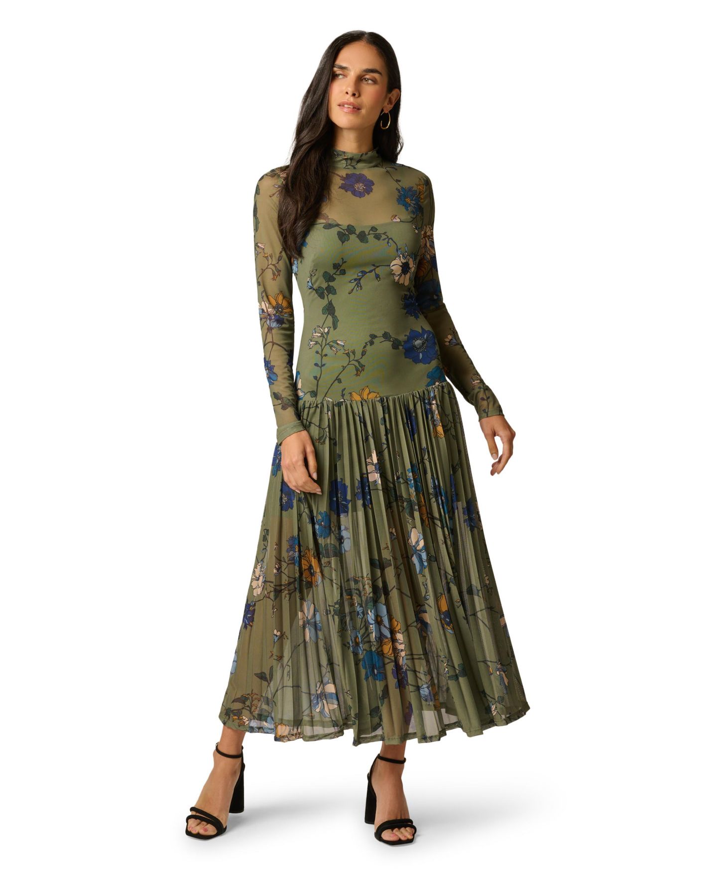 Женское платье Adrianna Papell Floral-Print Mock Neck Ankle, цвет: Оливковый разноцветный — фото 1
