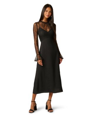 Women's Combo Satin Ankle Long-Sleeve Lace A-Line Dress