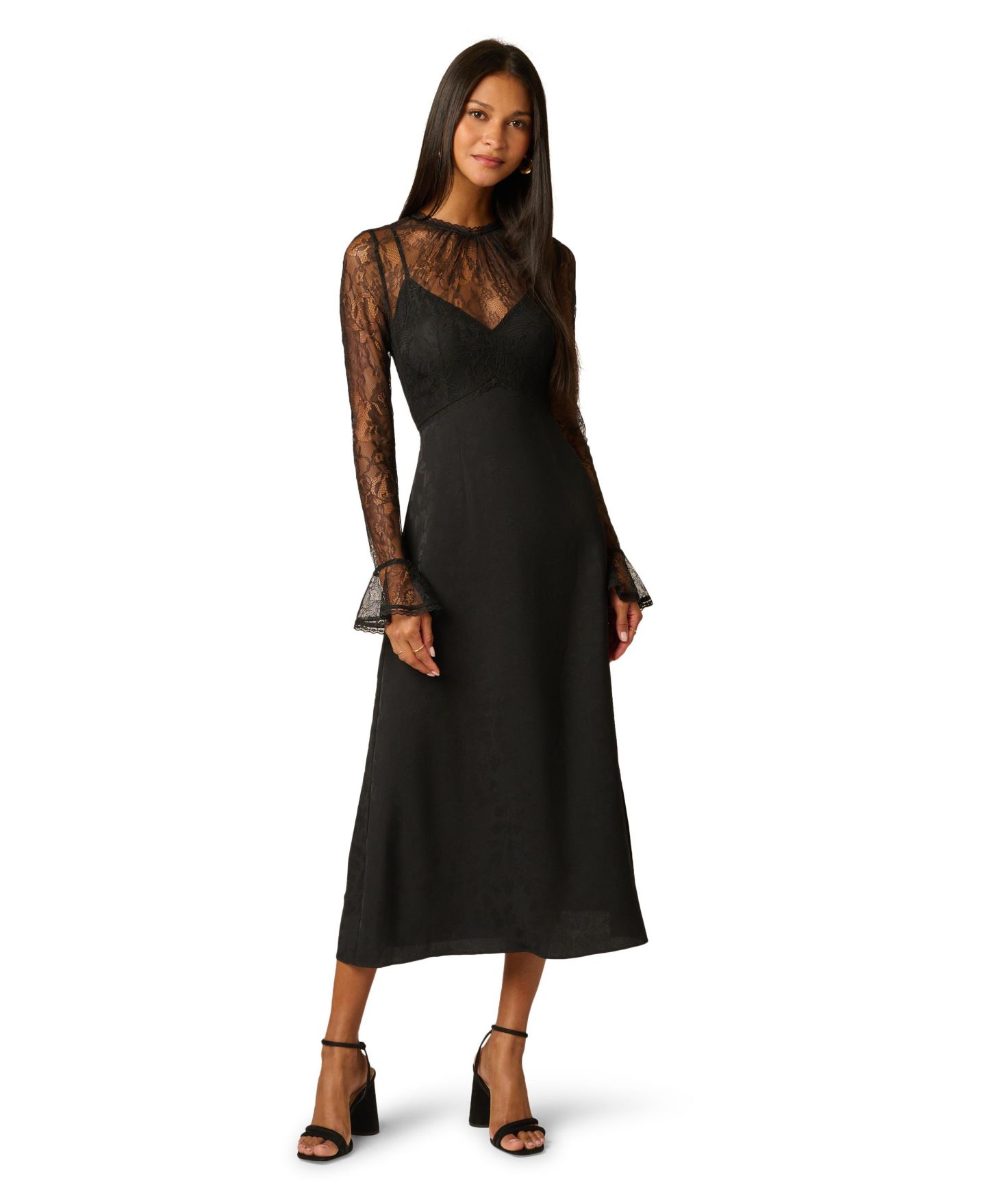 Женское платье Adrianna Papell Combo Satin Ankle Long-Sleeve Lace A-Line, цвет: Чёрный — фото 1