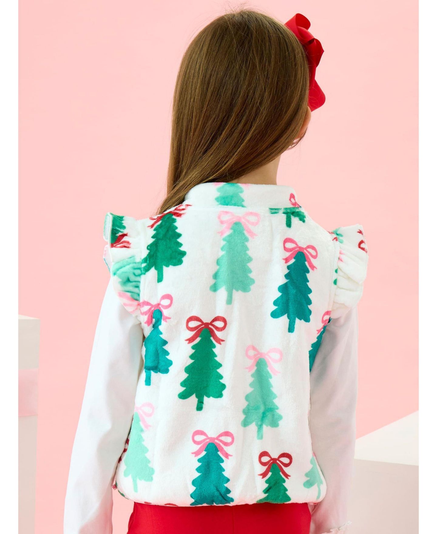 Жилет RuffleButts Quarter-Zip Ruffle Mock-Neck Fleece для девочек, цвет: Christmas Tree Bows — фото 5