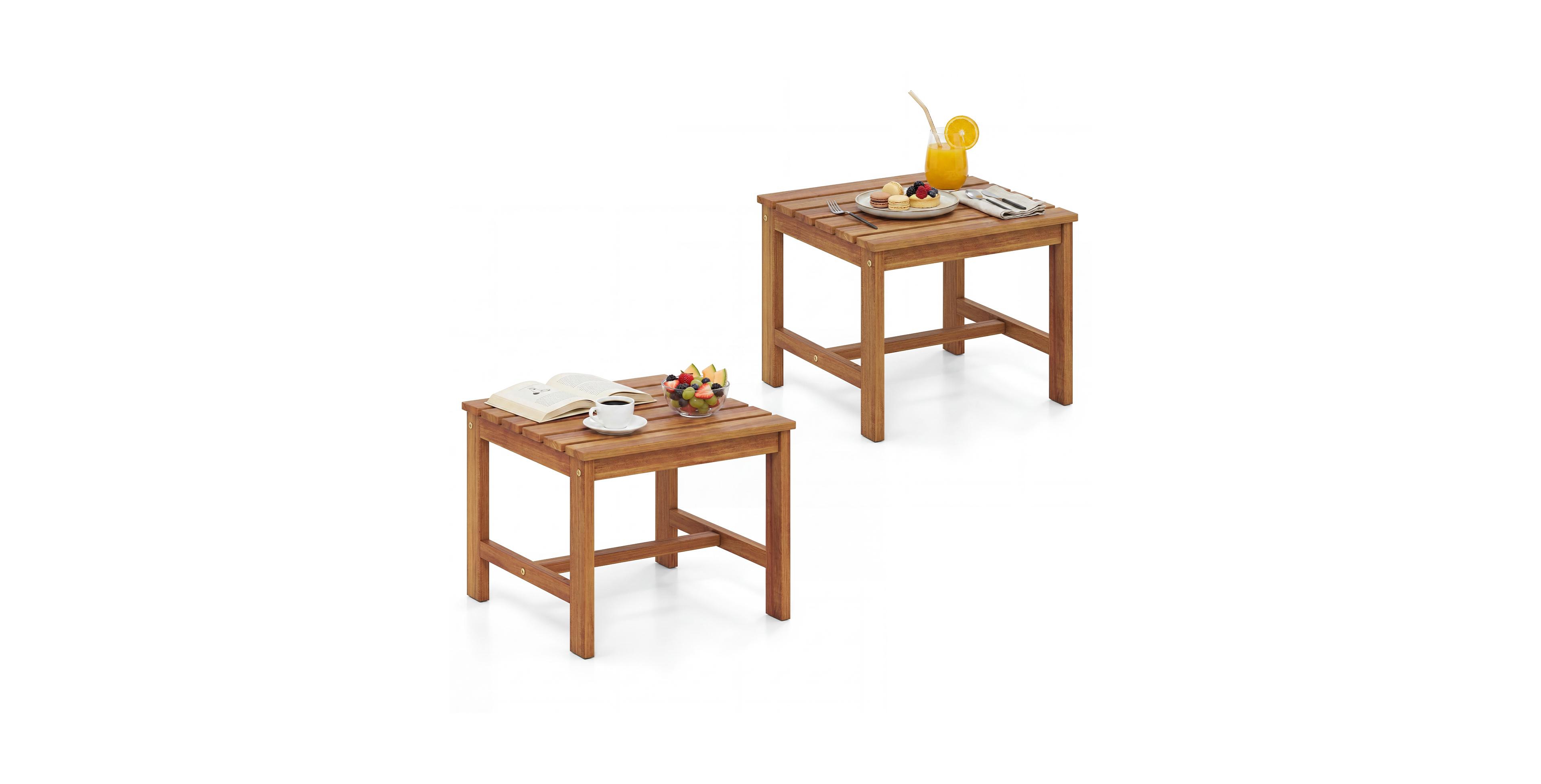 Sugift Square Acacia Wood Patio Side Table Set of 2 with Slatted Tabletop