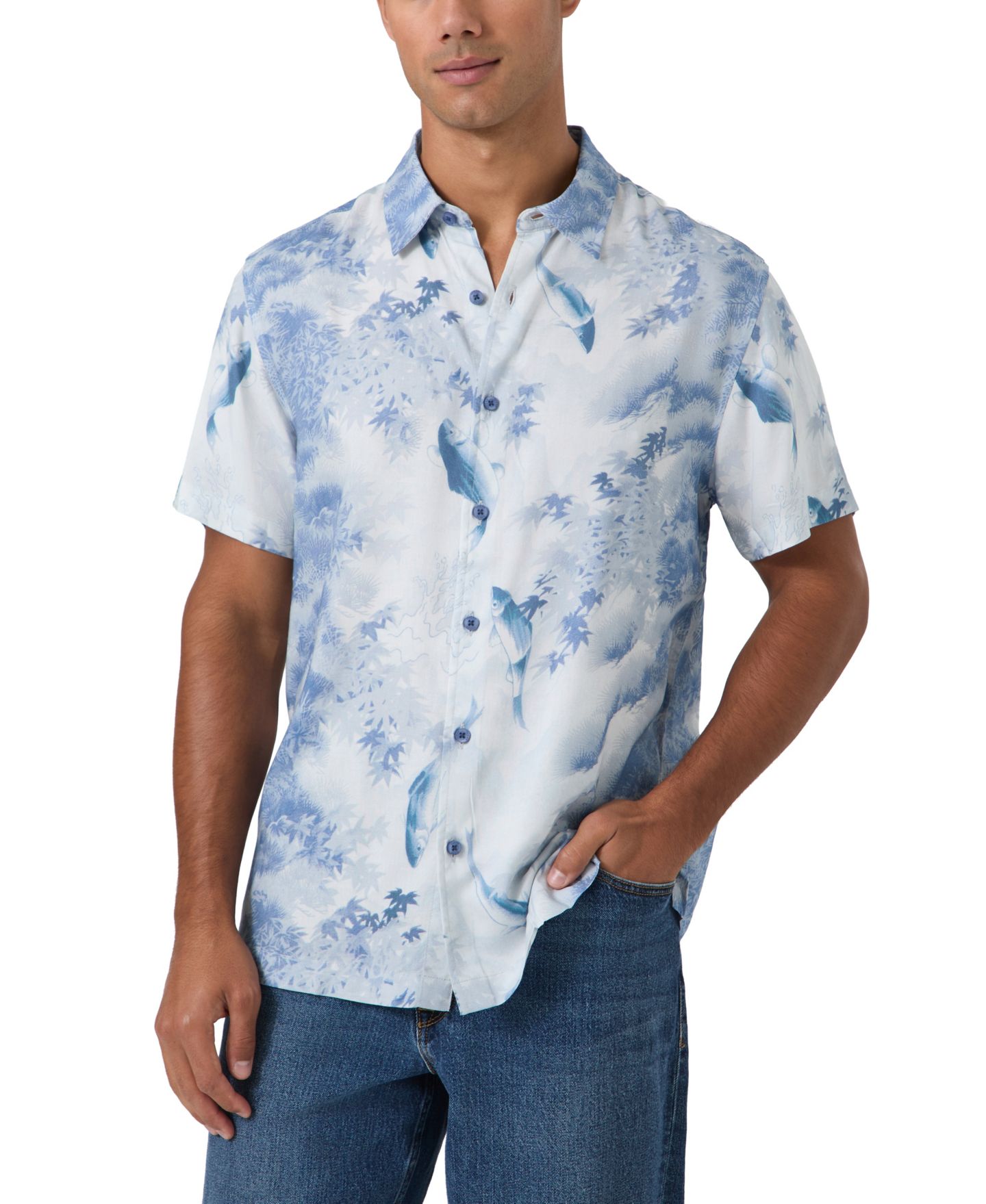 Мужская рубашка GUESS Naru River Camp-Collar Floral-Print Short-Sleeve, цвет: С принтом синий — фото 1