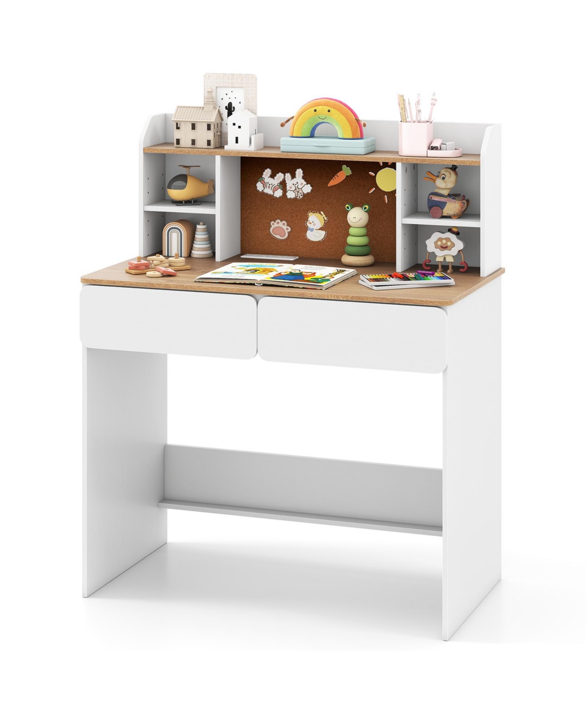 Gymax Kids Study Desk with Hutch Writing Table with Cork Bulletin Board and 2 Drawers - White