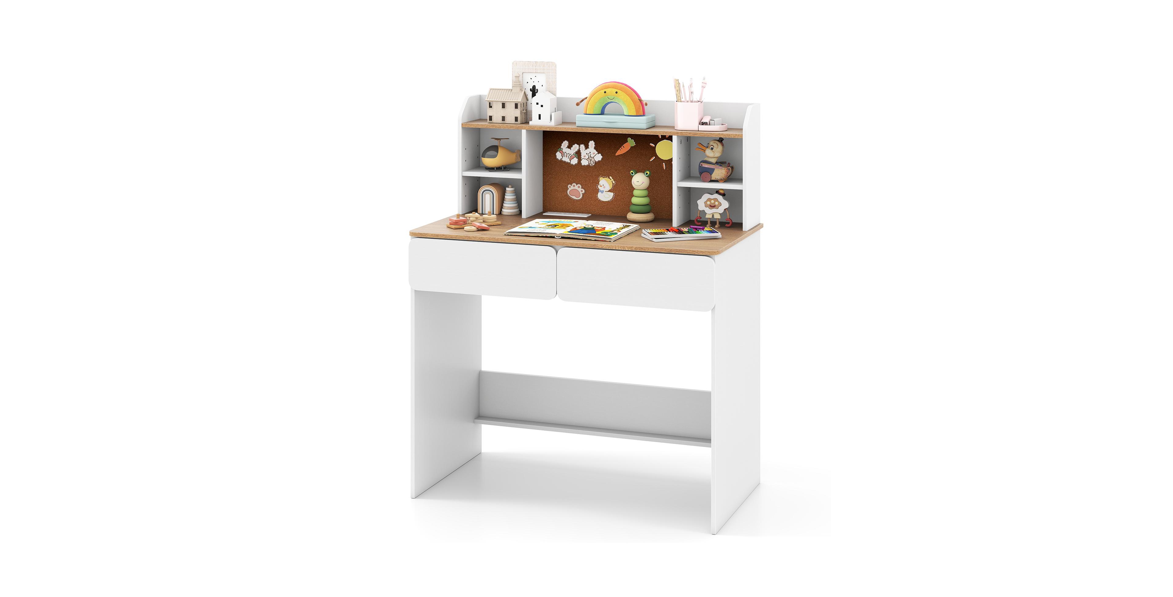 Gymax Kids Study Desk with Hutch Writing Table with Cork Bulletin Board and 2 Drawers