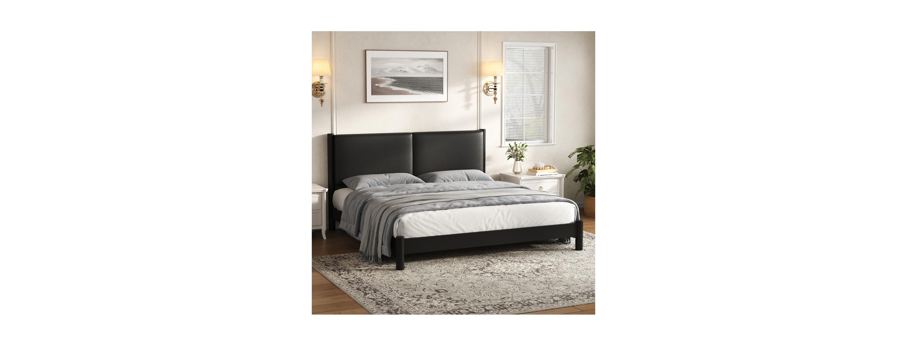 Streamdale Furniture Wooden Platform Bed with Pu Leather Headboard