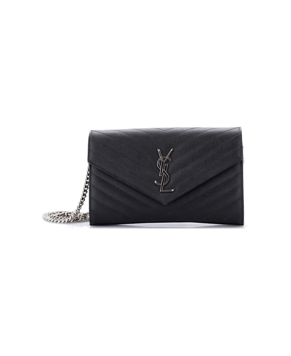 Pre-Owned Saint Laurent Long Classic Monogram Short Chain Wallet Matelasse Chevron Leather - Black