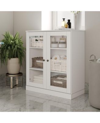 Solid Wood Freestanding Bathroom Linen Cabinet with Glass Doors, Adjustable Shelves