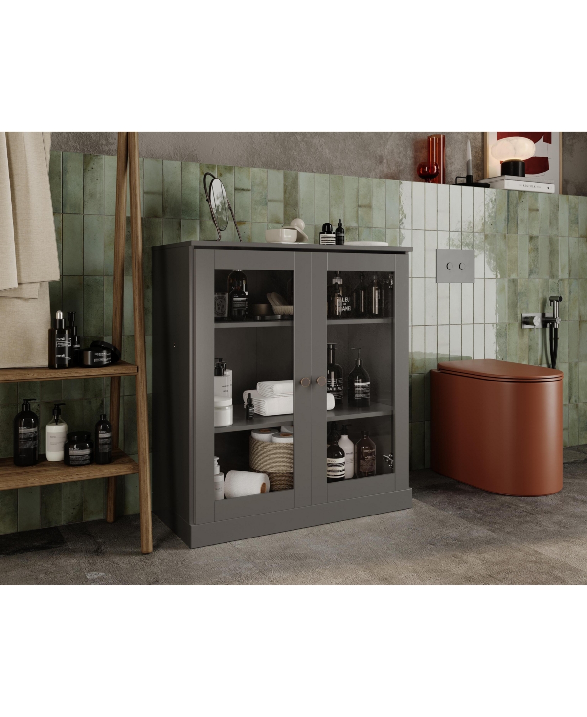 Palace Imports Solid Wood Freestanding Bathroom Linen Cabinet with Glass Doors, Adjustable Shelves - Gray