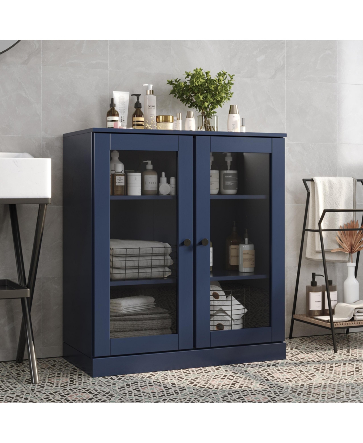 Palace Imports Solid Wood Freestanding Bathroom Linen Cabinet with Glass Doors, Adjustable Shelves - Navy blue