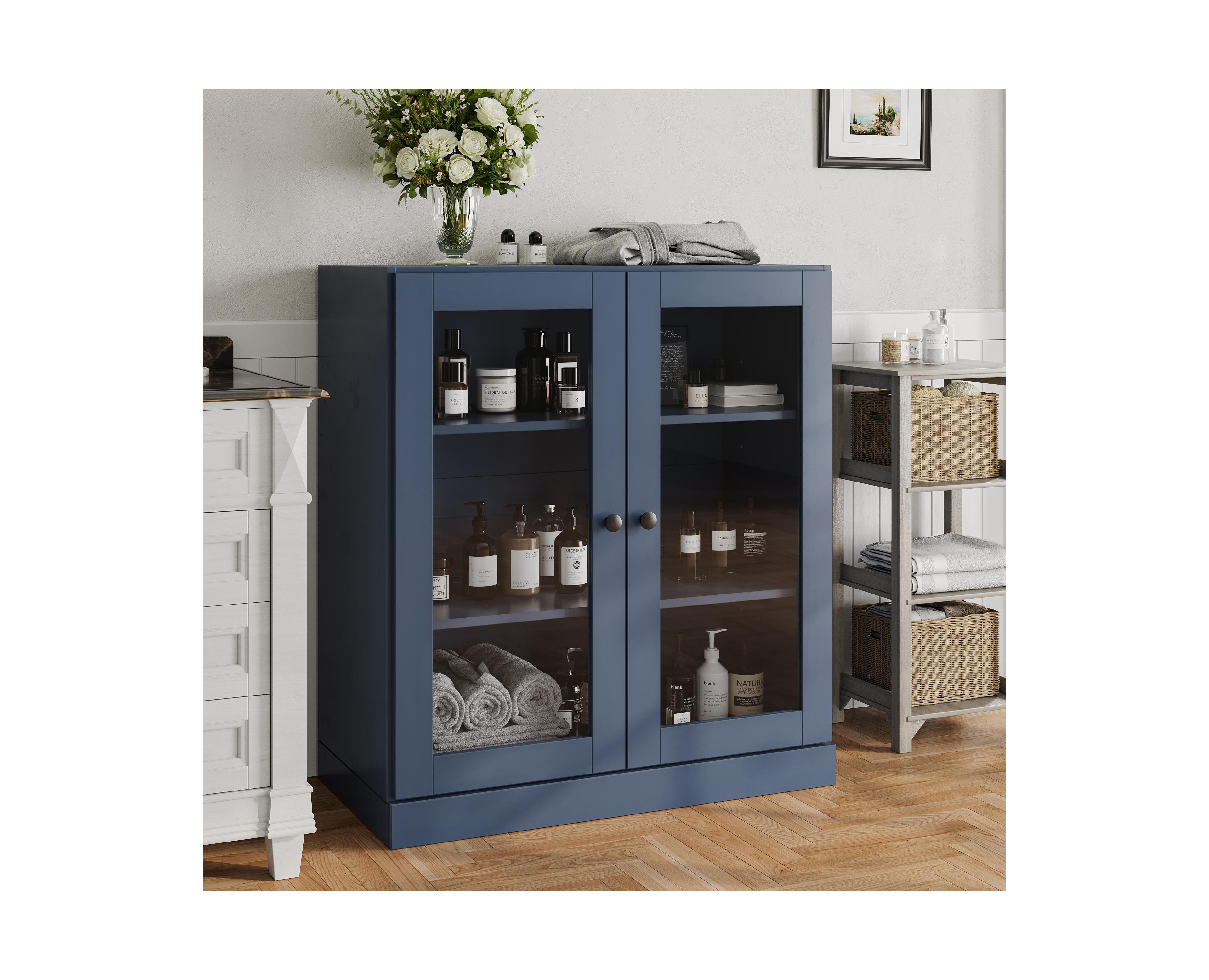 Palace Imports Solid Wood Freestanding Bathroom Linen Cabinet with Glass Doors, Adjustable Shelves