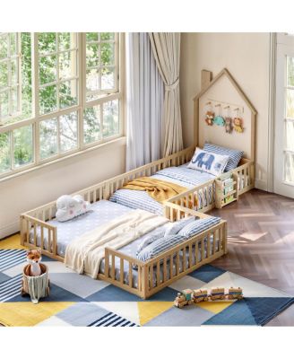  Solid Wood Montessori House Floor Bed with Guardrails